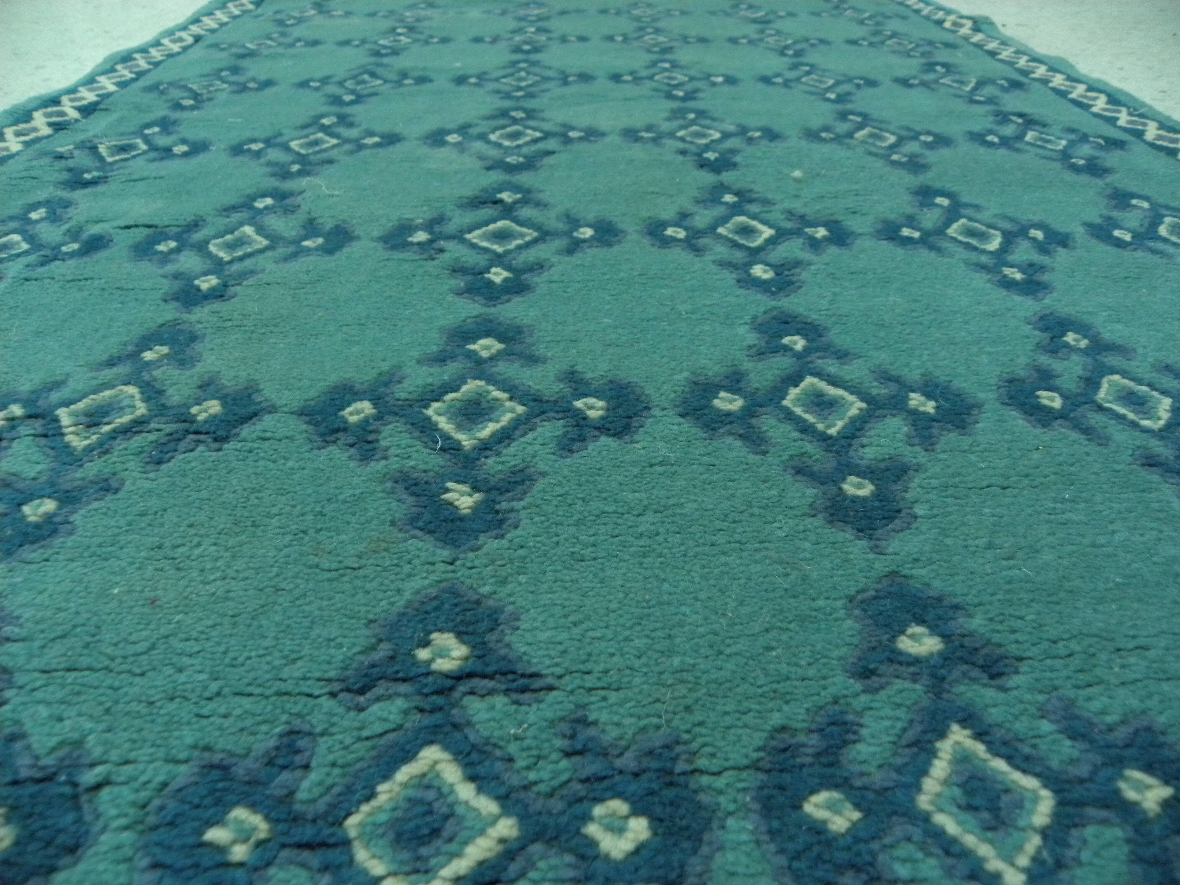 Vintage Traditional Oriental Carpet Green Blue Hand-Knotted Wool