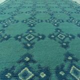 Vintage Traditional Oriental Carpet Green Blue Hand-Knotted Wool