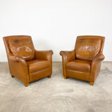 Ensemble de deux fauteuils vintage en cuir de cognac Amsterdam