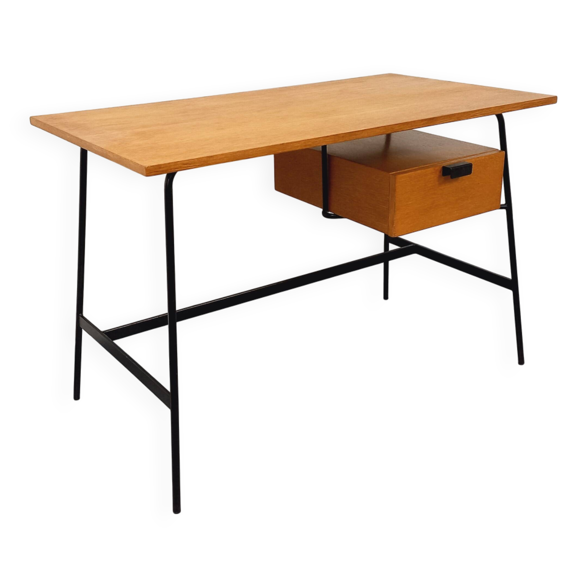 Pierre Paulin vintage modernist desk in oak wood and black metal
