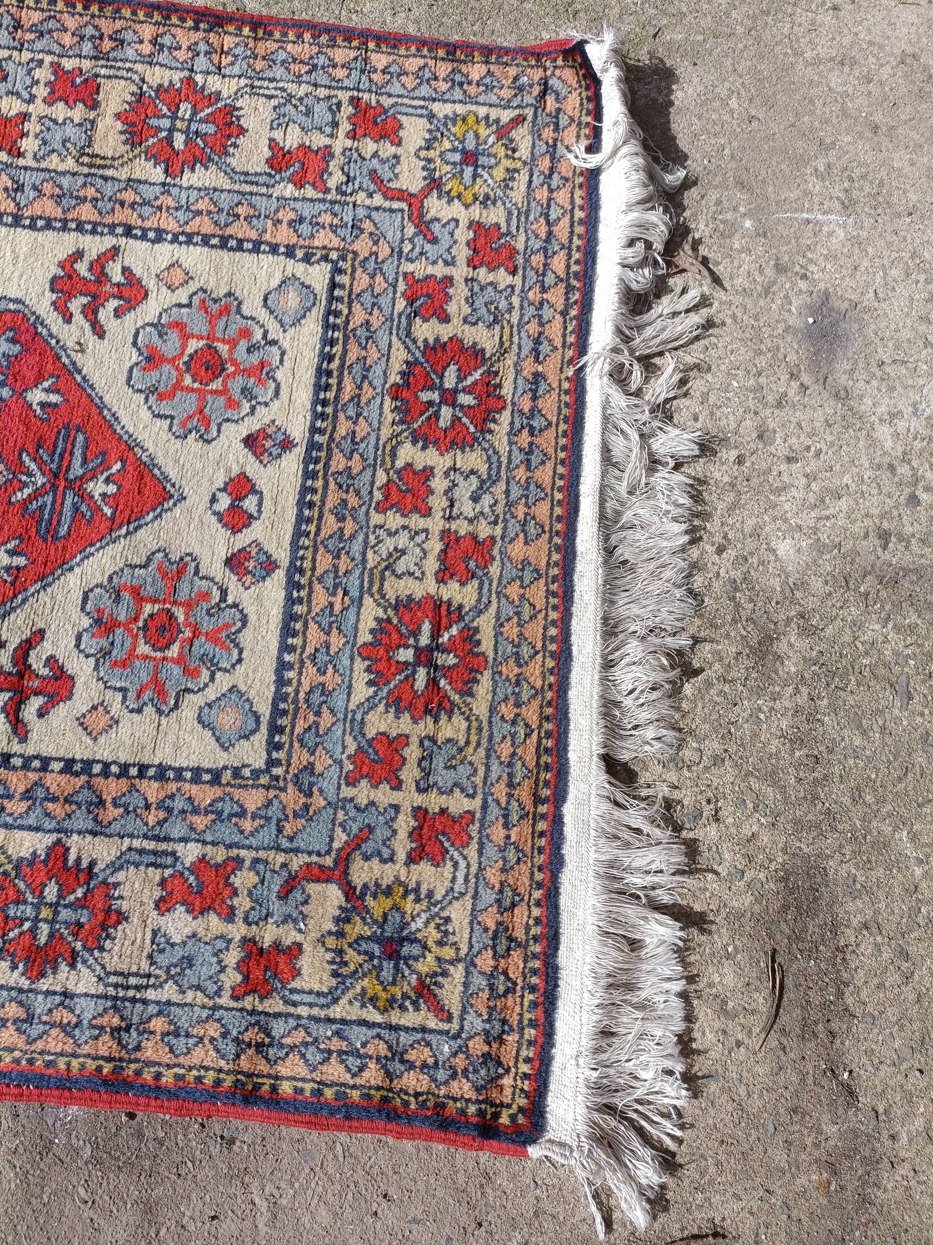 Handmade wool gallery carpet, geometric décor beige and red background, 3 m