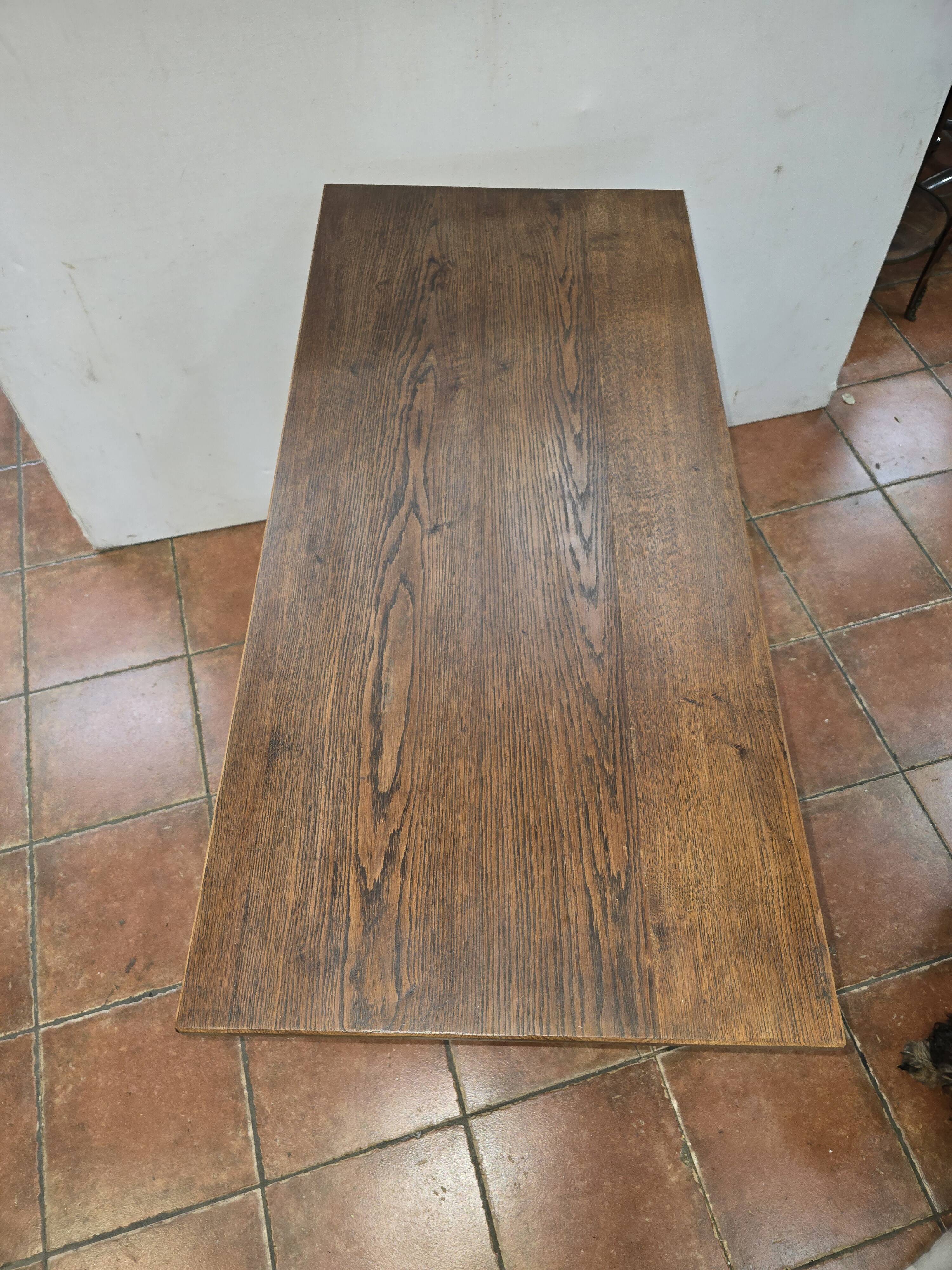 Old bistro table with oak top, cast iron base, 118 cm L