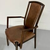 Set of 8 wooden and thick leather armchairs, Girsberger design, 80s