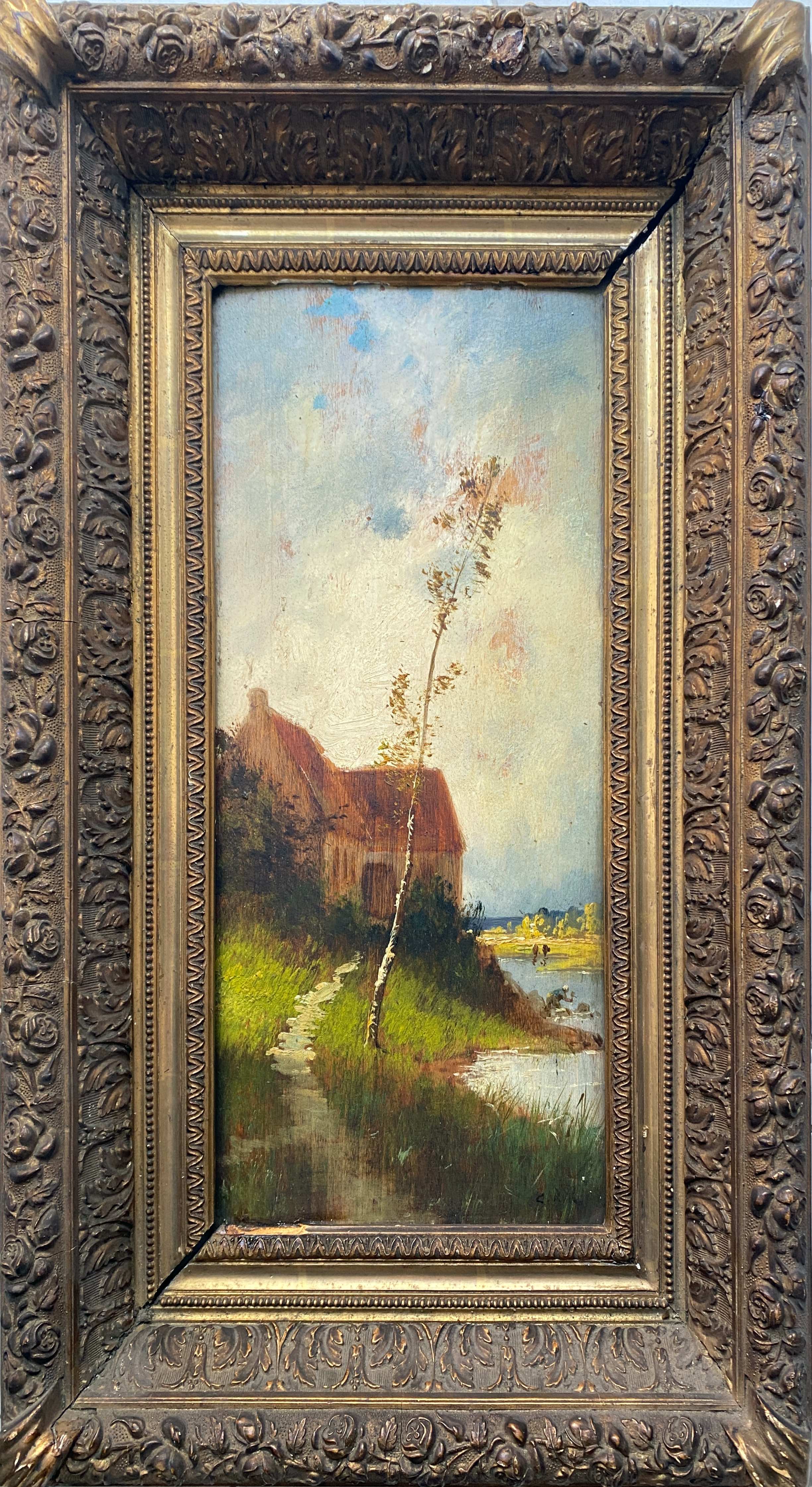 Nineteenth century painting HSP "Landscape with the river" signed + barbizon frame