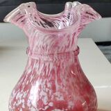 Boule Vase/Clichy Glassware. Scalloped collar. Variegated pink/white. Dim 20 x 15 cm