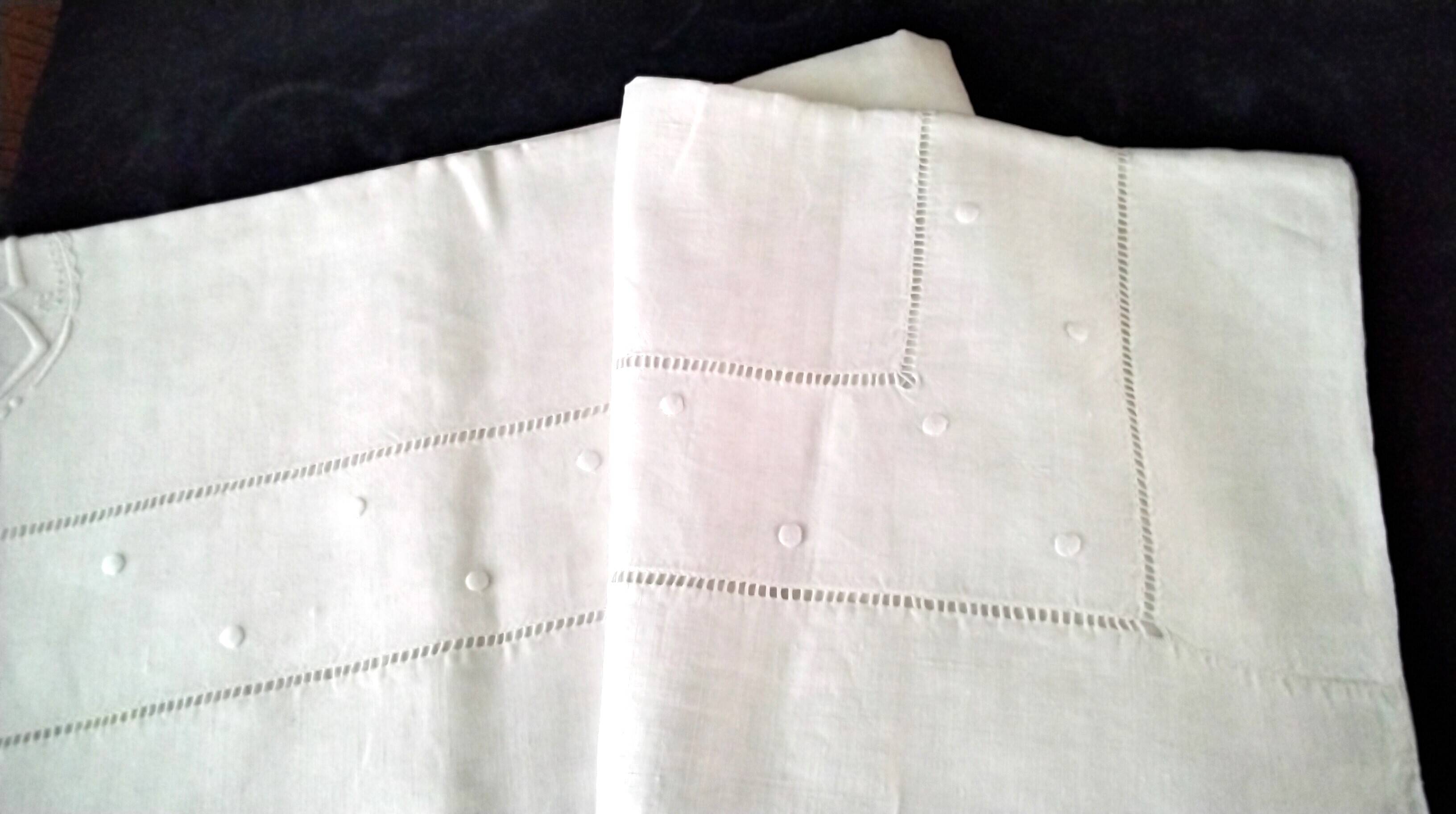 Vintage linen curtain monogrammed JB, embroidered with polka dots and ladder stitches on the return.