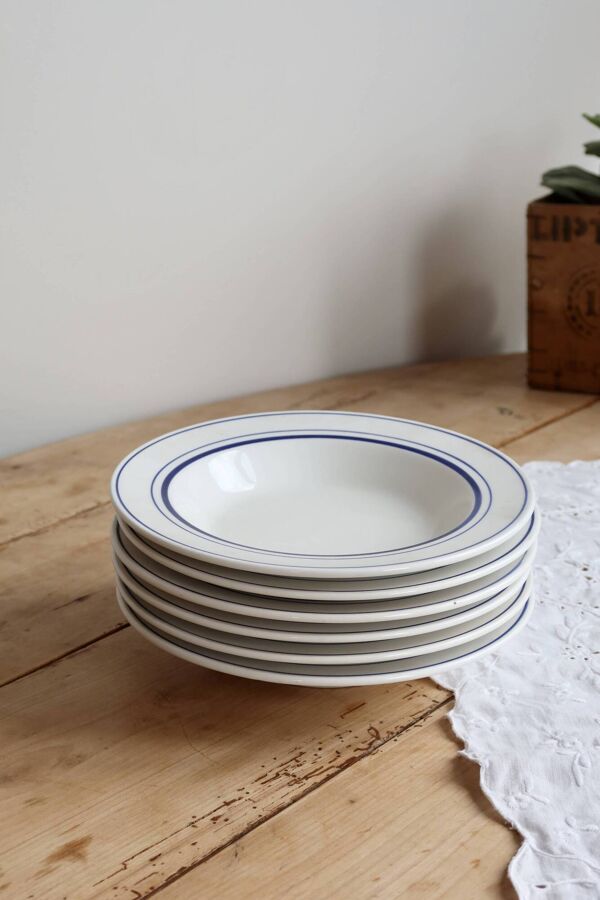 6 assiettes creuses vintage style bistrot porcelaine bleue et blanche