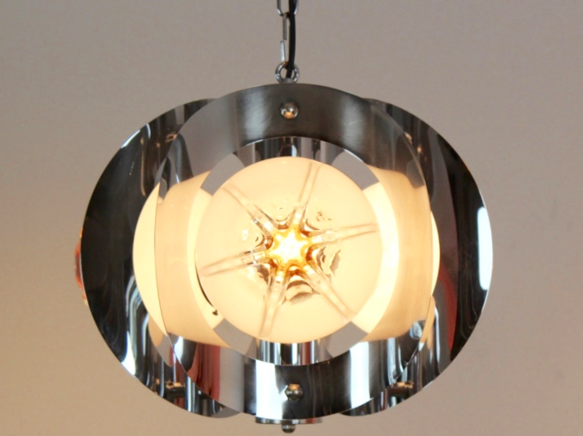 Geometric vintage chandelier in chrome and glass frosted by A.V. Mazzega