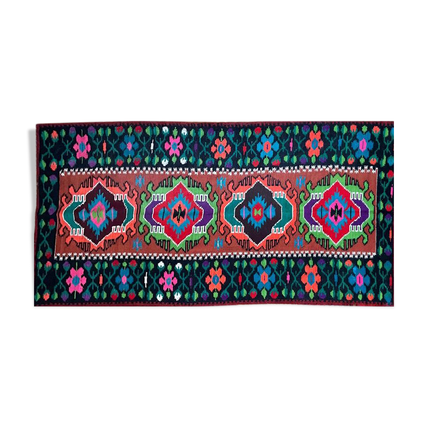 Moldavian runner rug with stylized flowers and geometric design