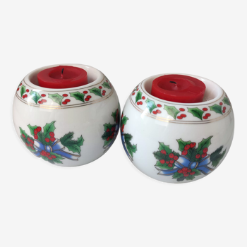 Bougeoirs ronds en porcelaine décor houx