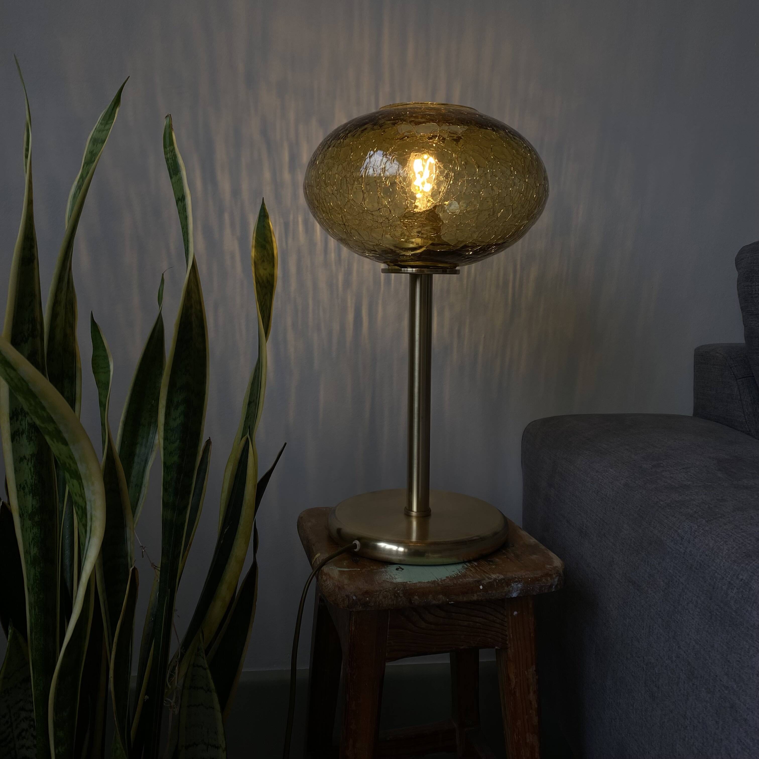 Large lamp in old cracked gold glass and brass base
