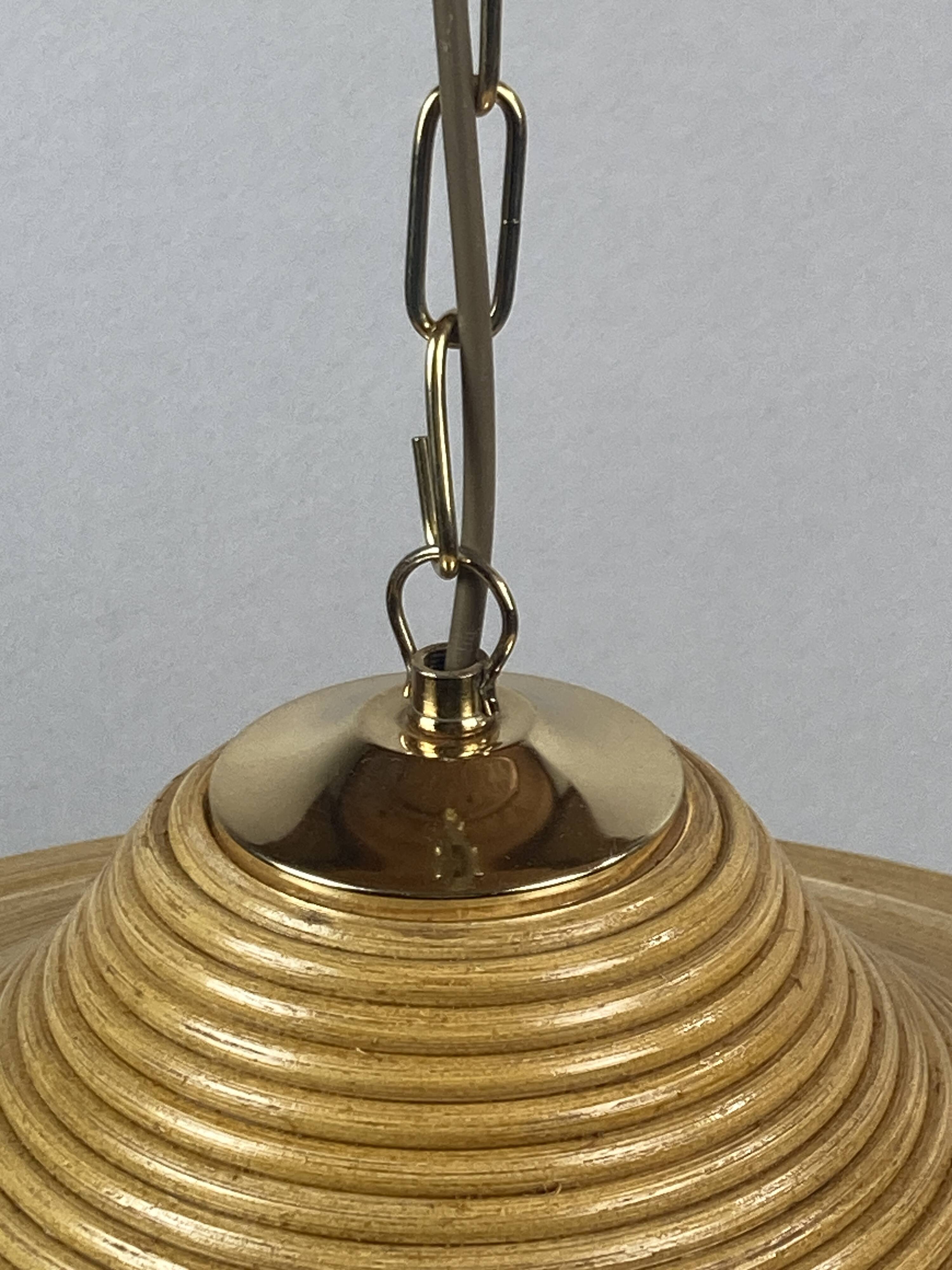 Pencil Split Reed, Rattan, Bamboo & Brass Pendant hanging lamp, Italy, 1970s