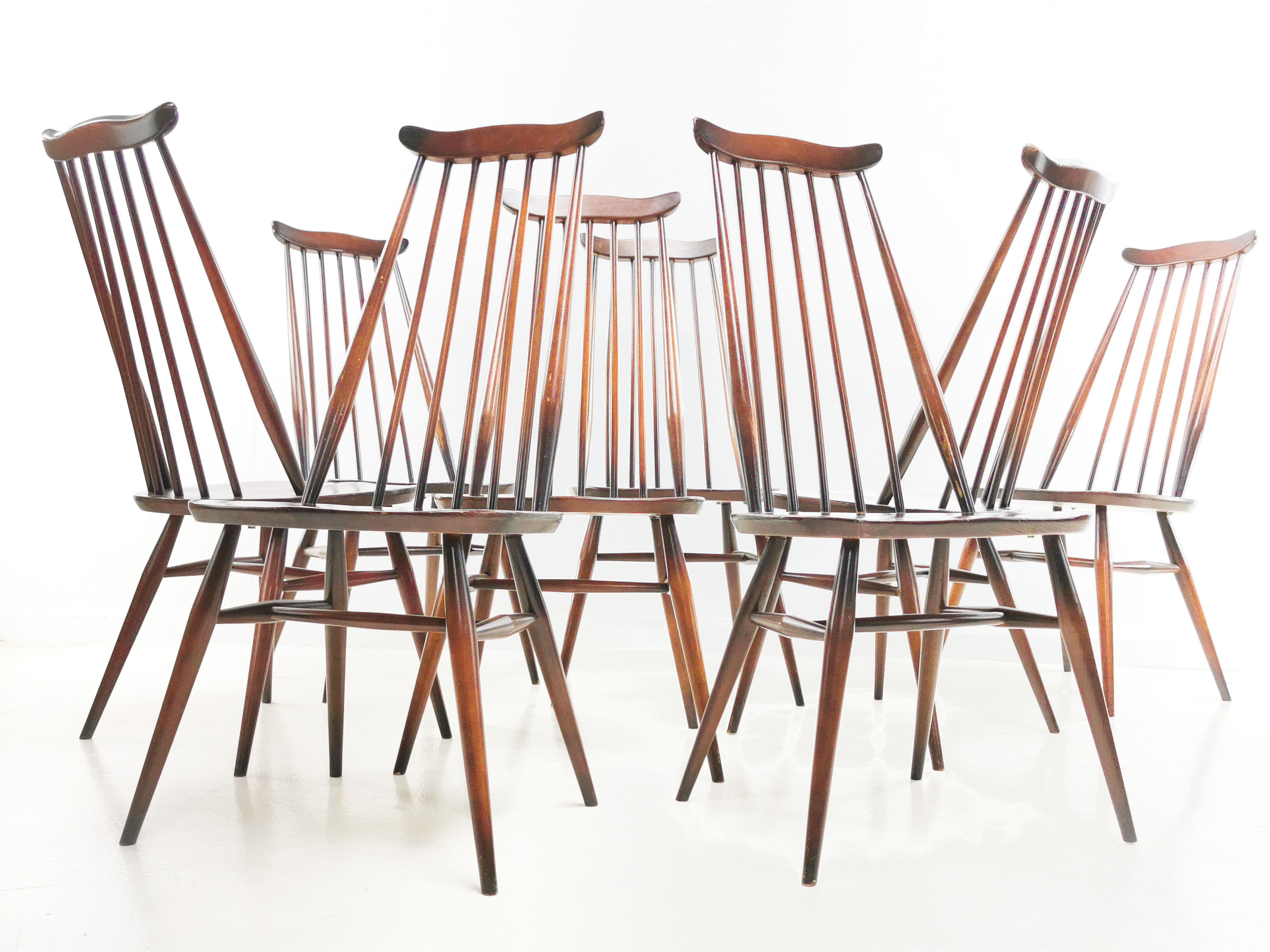 Set of eight vintage Ercol elm & beech Goldsmiths dining chairs mid century