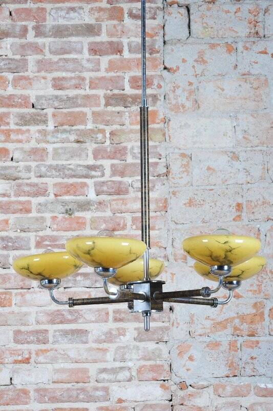 Art Deco Chandelier in Chrome and Beech, Czech, 1920s