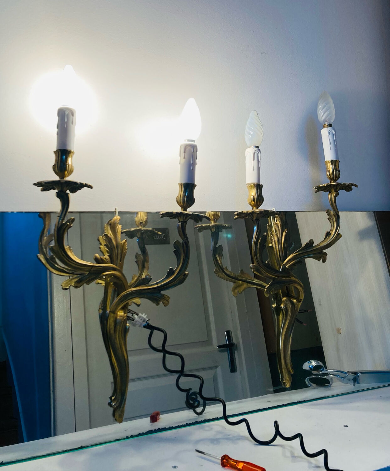 St Louis XV wall lights in solid gilded bronze with curved branches