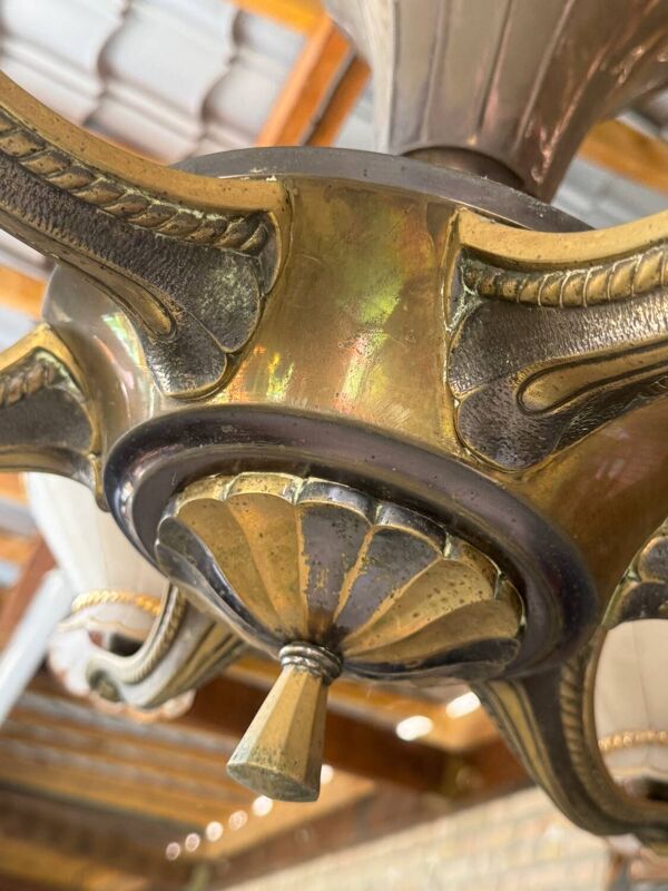 Lustre Art Déco à Six Lumières en Bronze et Verre Givré, France, 1930s