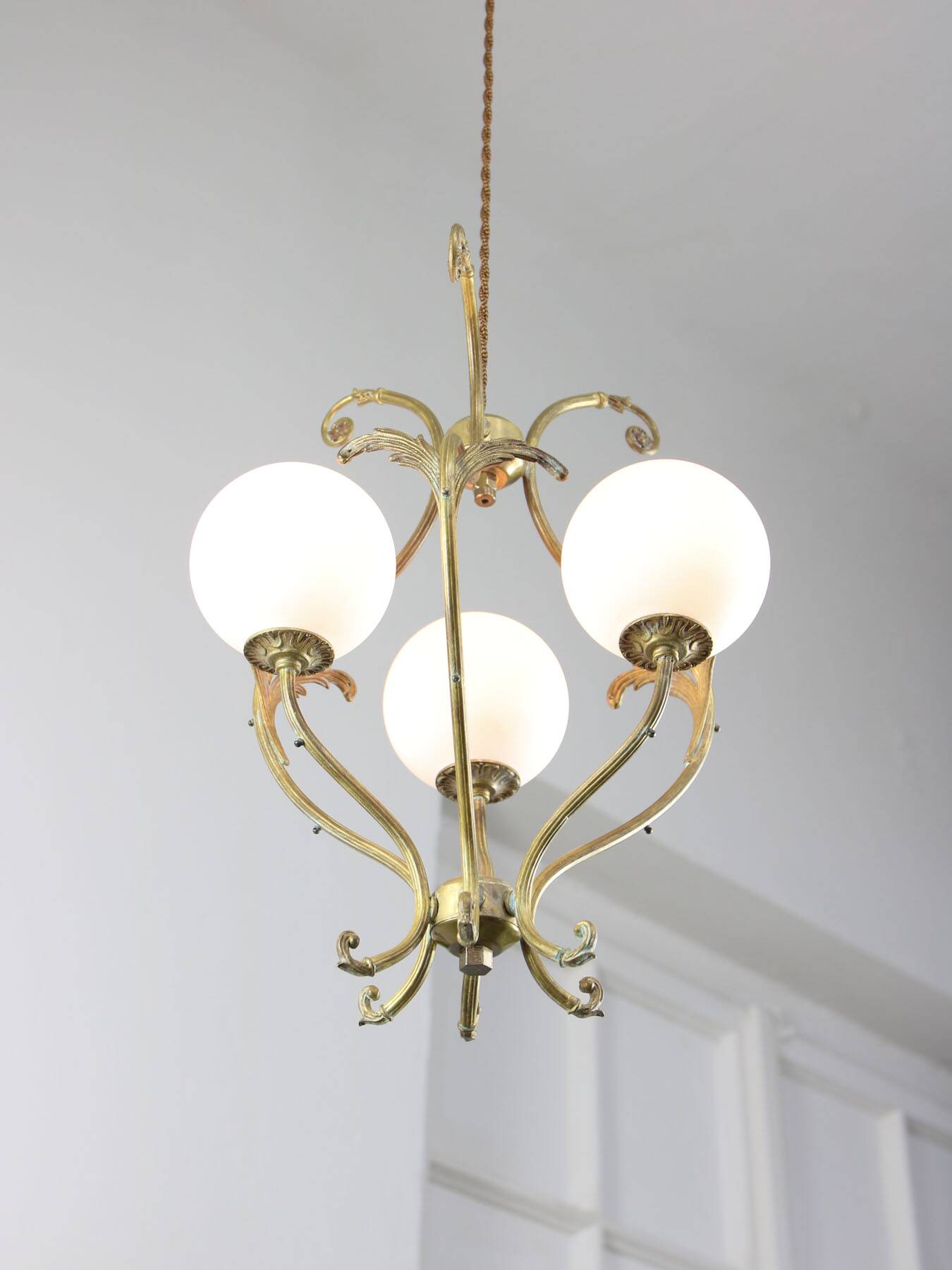 Antique Italian Brass and Opaline Chandelier