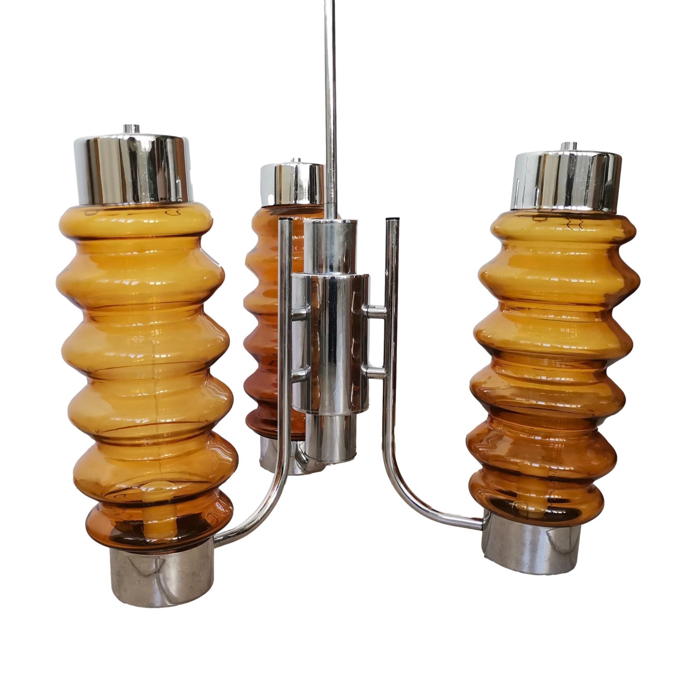 Modern amber brown glass and chrome 3 light chandelier 1970