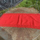 Linen and cotton table runner with vintage red crochet border