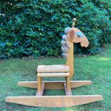 Vintage leather and pinewood rocking horse, giraffe, ca. 1970s