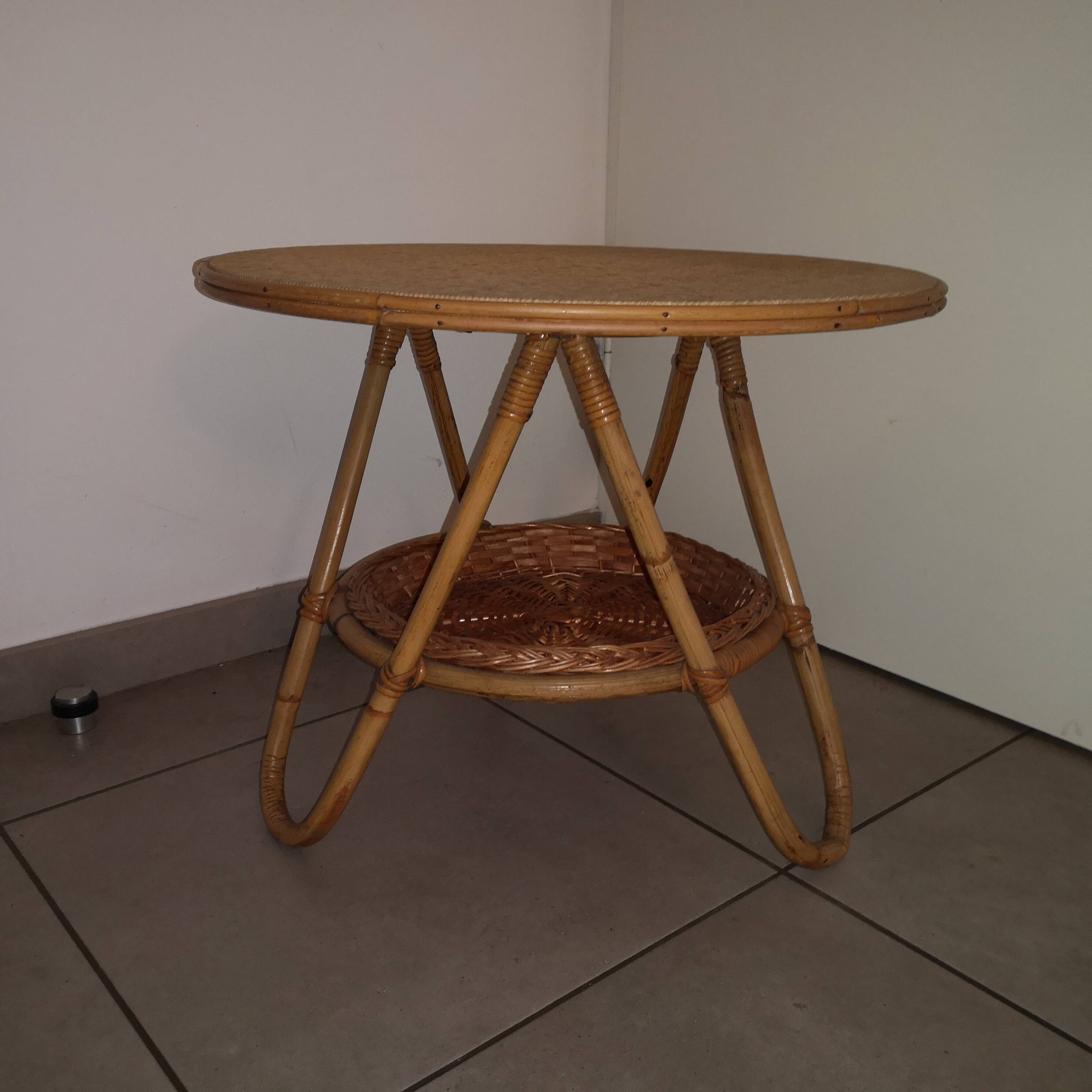 Iconic Tripod Coffee Table – Audoux-Minet – Bamboo & Rush – 1960