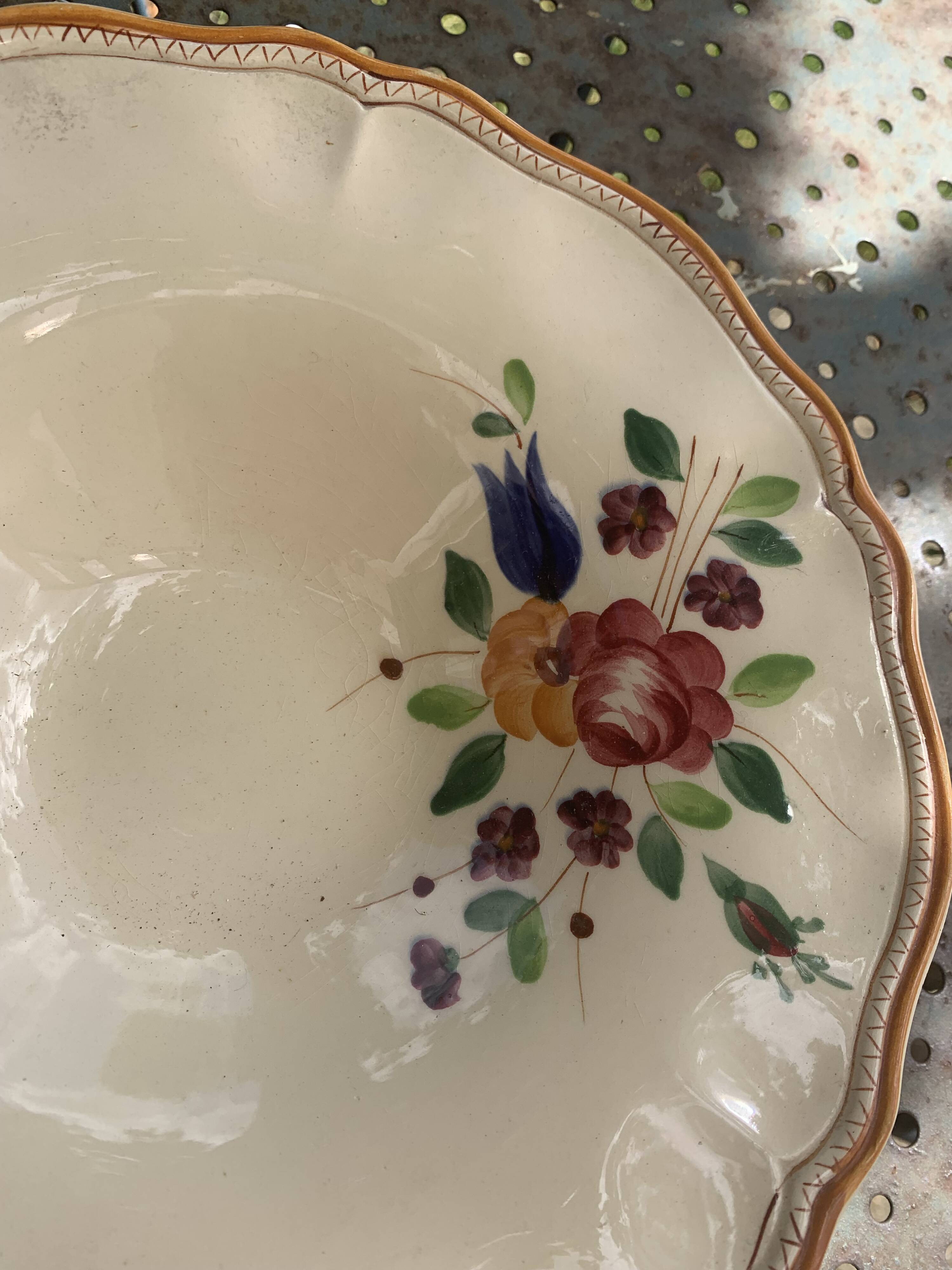 Earthenware fruit bowl with hand-painted flowers, old
