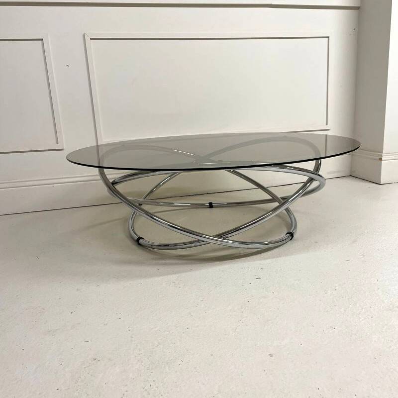 Table basse ronde en chrome et verre fumé, Miniforms "Swirl", Made in Italy