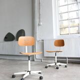 Vintage White & Wooden Swivel Office Chair, 70s