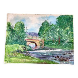 Tableau huile sur toile paysage rivière signé vintage