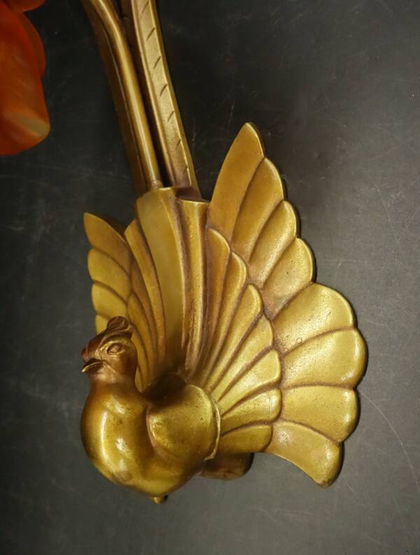 Pair of wall sconces with peacocks from the Art Nouveau period - bronze by Charles Ranc.
