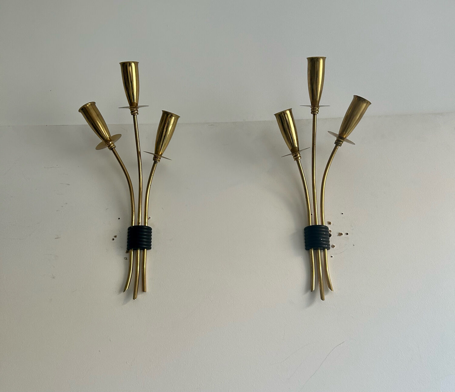 Pair of vintage wall lamps, solid brass, France 1950