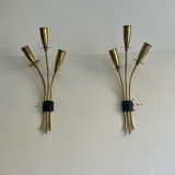 Pair of vintage wall lamps, solid brass, France 1950