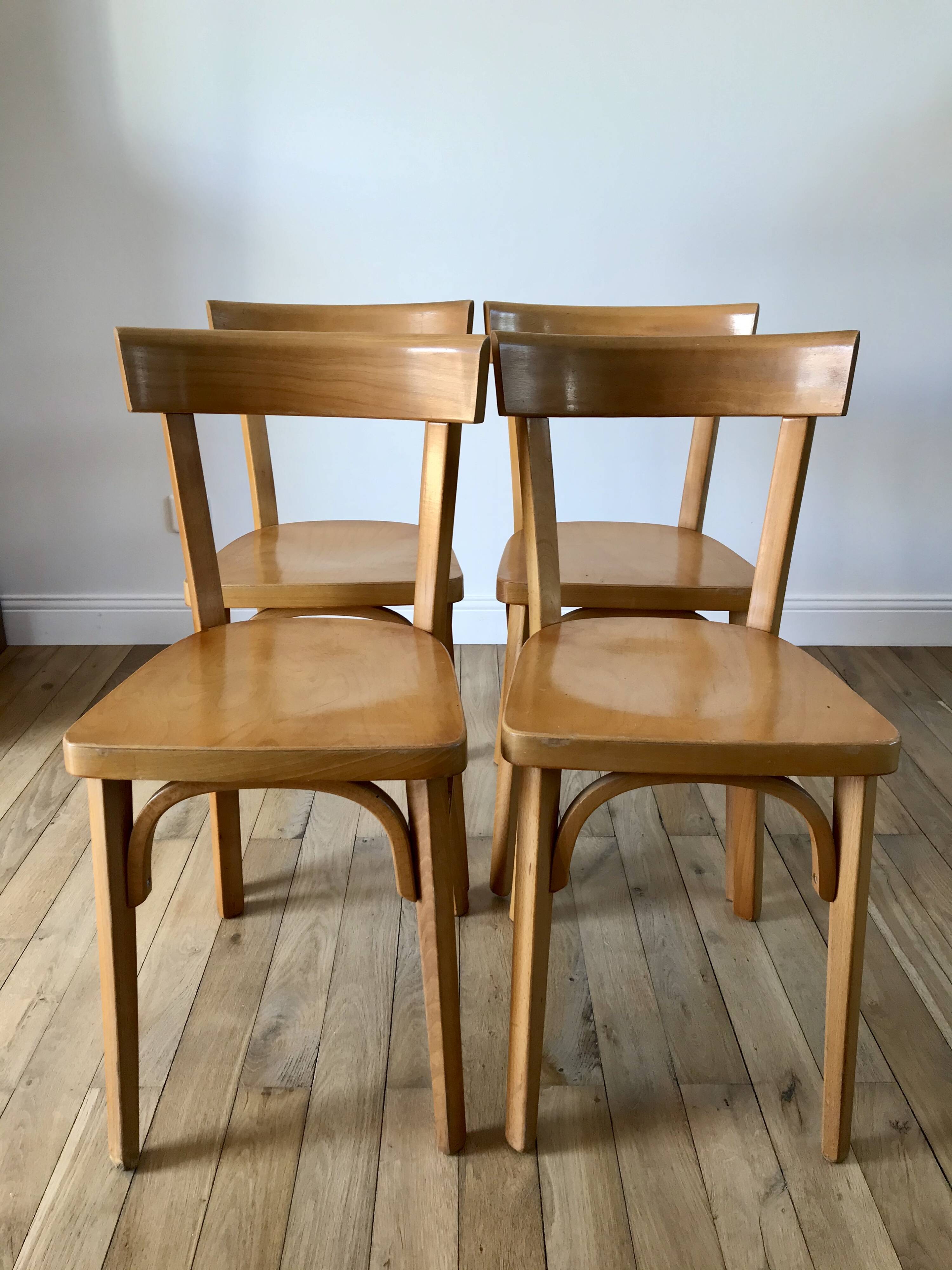 Set of 4 baumann bistro chairs in blond wood / honey stamped 40-50 years