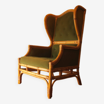 Mid century wing armchair ijn bamboo and olive green velvet, 1960-70