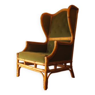 Fauteuil à oreilles vintage en bambou et velours vert olive, 1960-70