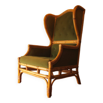 Mid century wing armchair ijn bamboo and olive green velvet, 1960-70