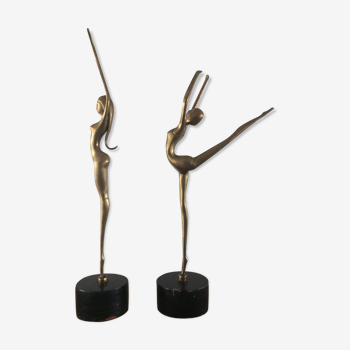 Duo of sculptures women dancers in brass