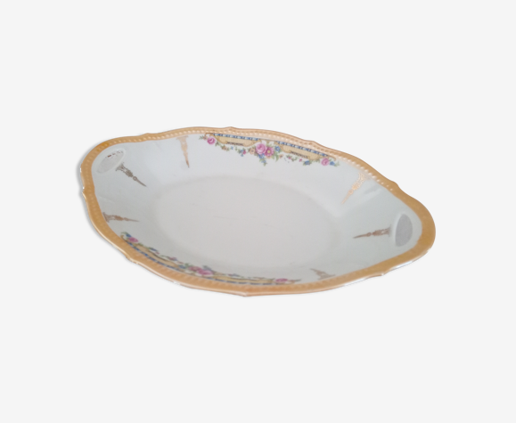 Plat ovale creux, coupe à fruits en porcelaine décor floral liseré orangé 2 anses