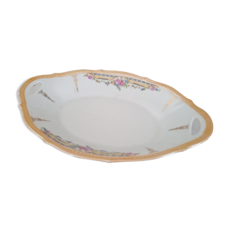 Plat ovale creux, coupe à fruits en porcelaine décor floral liseré orangé 2 anses