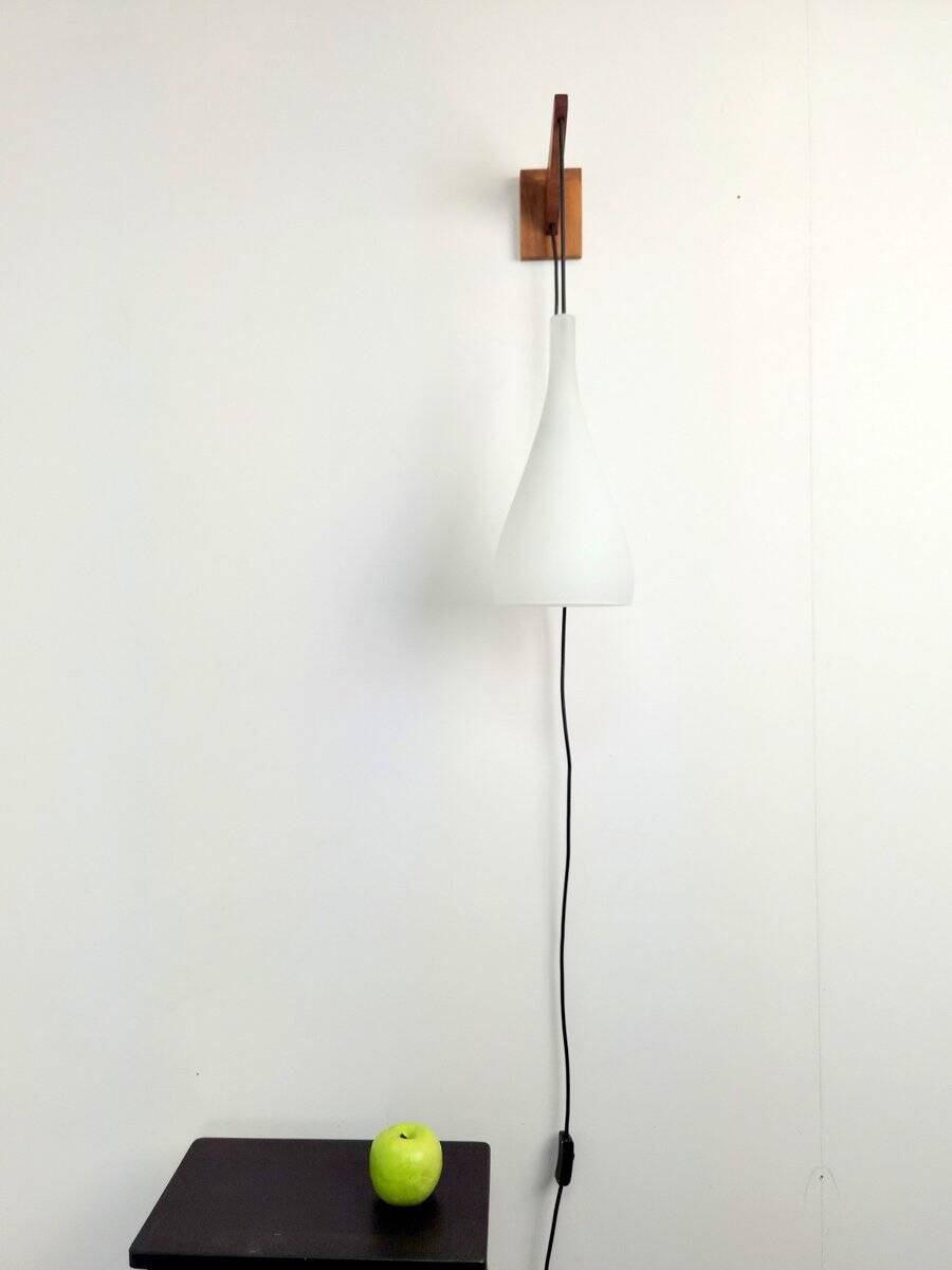 Vintage Tear Drop Wall Lamp in Teak and White Glass, Denmark, 1960s