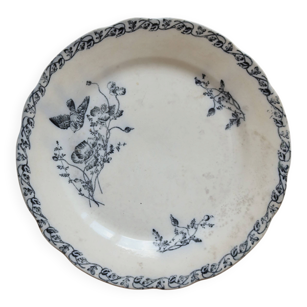 Assiette plate terre de fer Onnaing - Décor végétal bleu