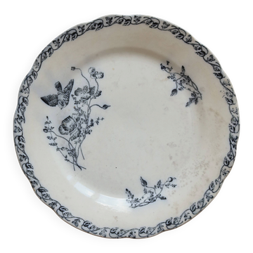 Assiette plate terre de fer Onnaing - Décor végétal bleu
