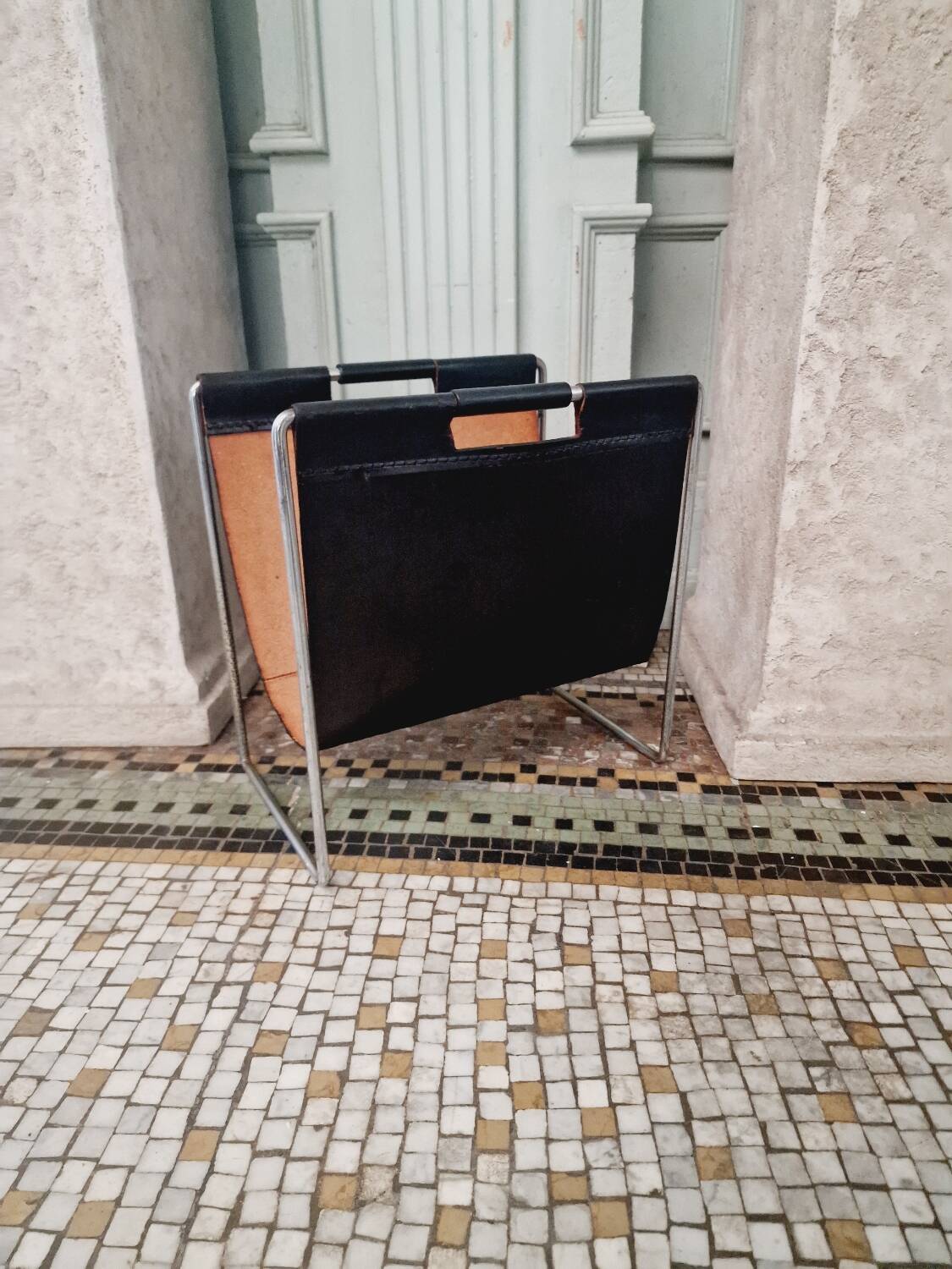 Vintage Brabantia magazine rack in black leather