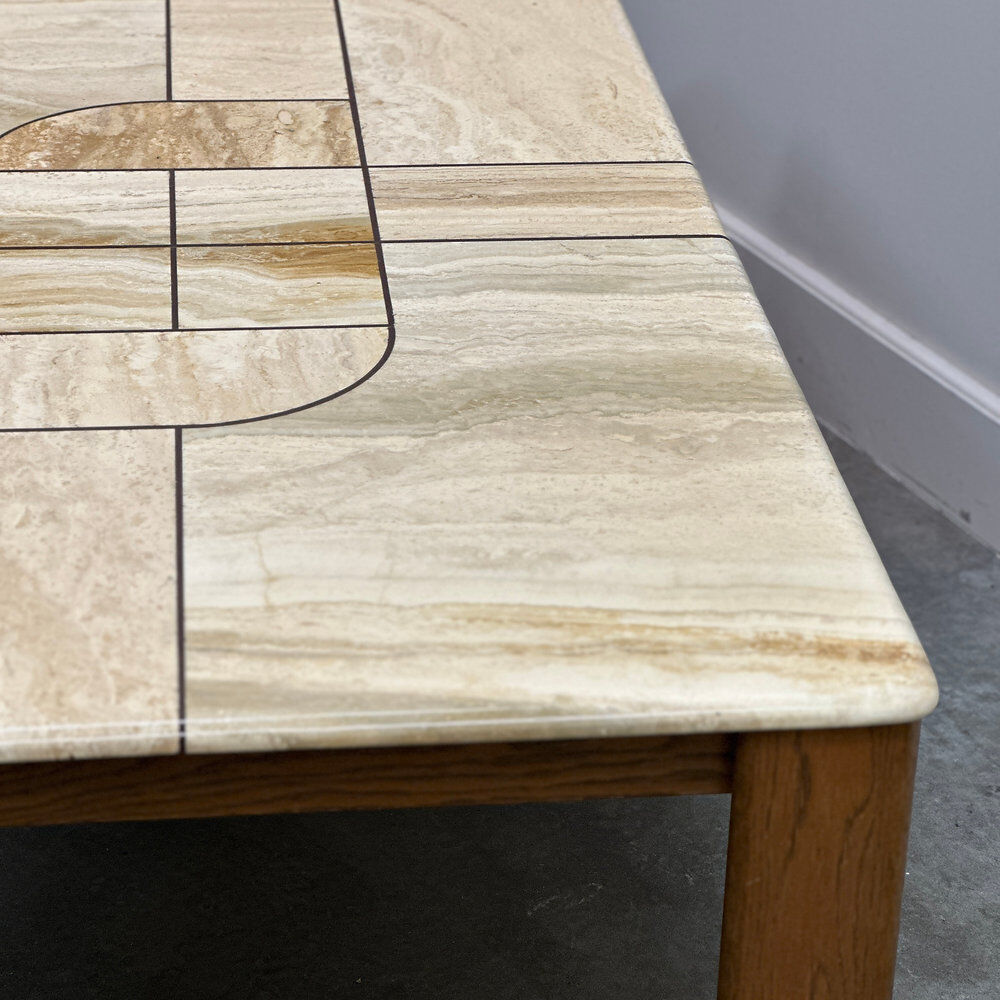 1970s travertine coffee table with sculptural top and solid oak base