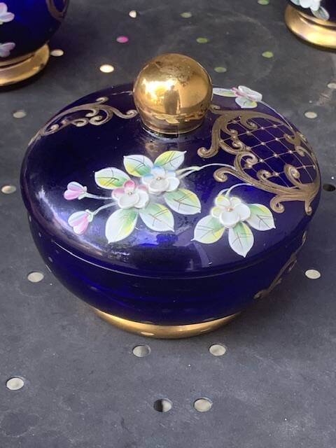 Perfume bottles, in hand-painted blue Bohemian crystal, antique.