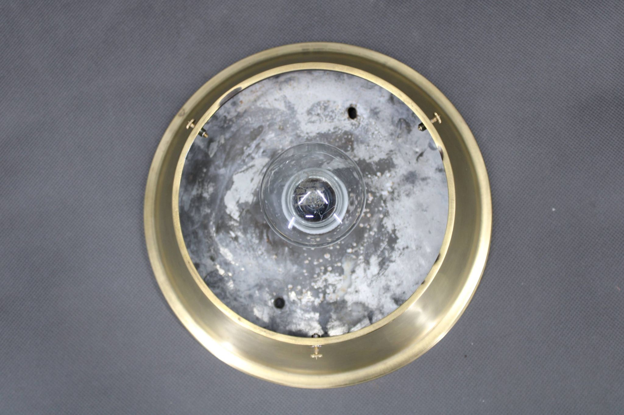 1930s Art Deco brass ceiling light with opaline glass shade, Czechoslovakia, Res