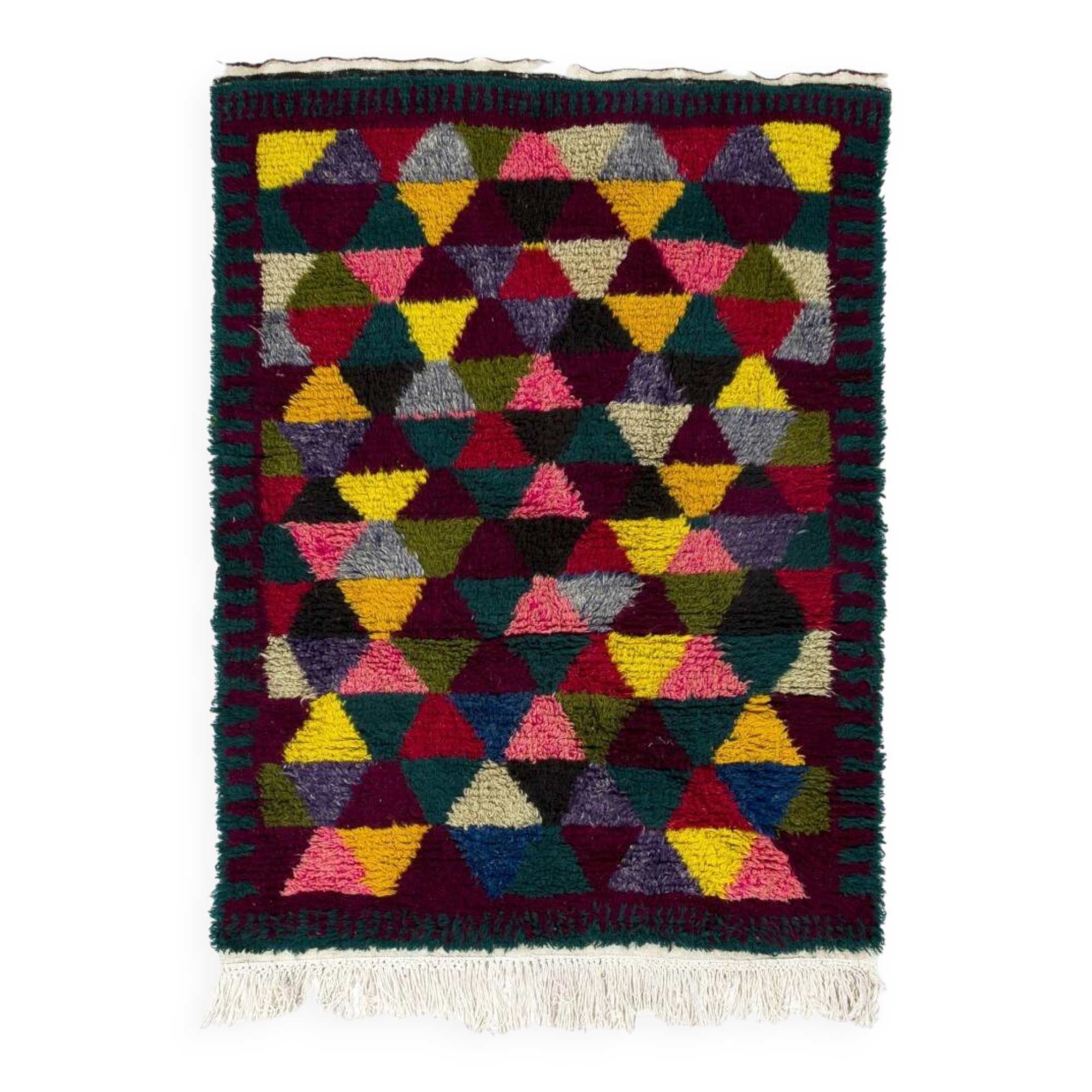 Colorful Vintage Hand-Knotted Turkish Tulu Rug with Geometric Triangle Design, 100% Wool