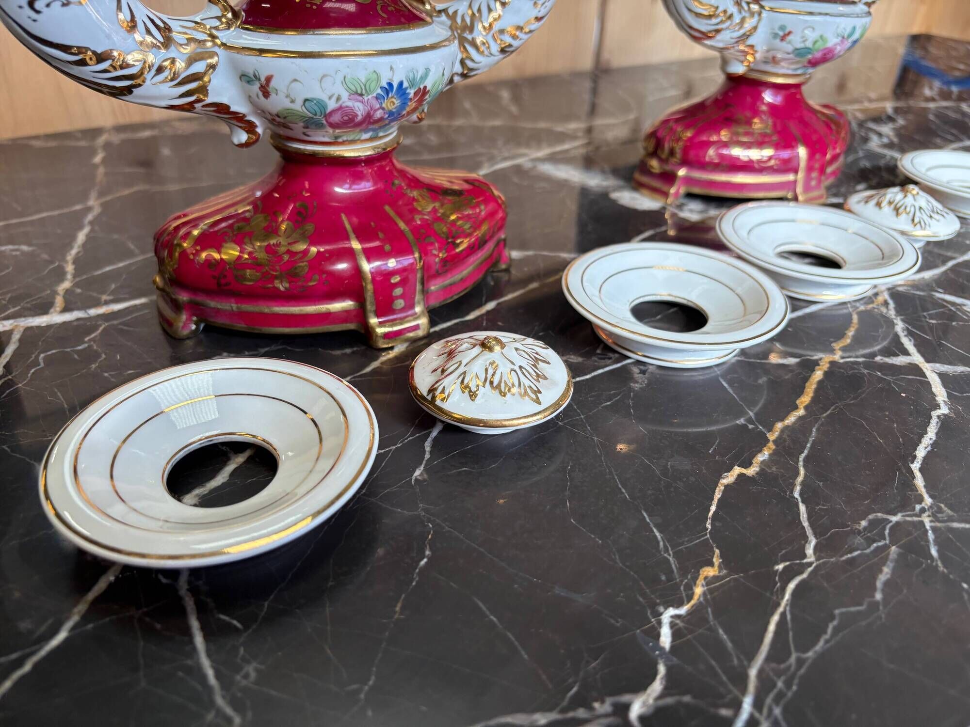 Pair of Limoges porcelain candlesticks with hand-decorated decoration – red and gold