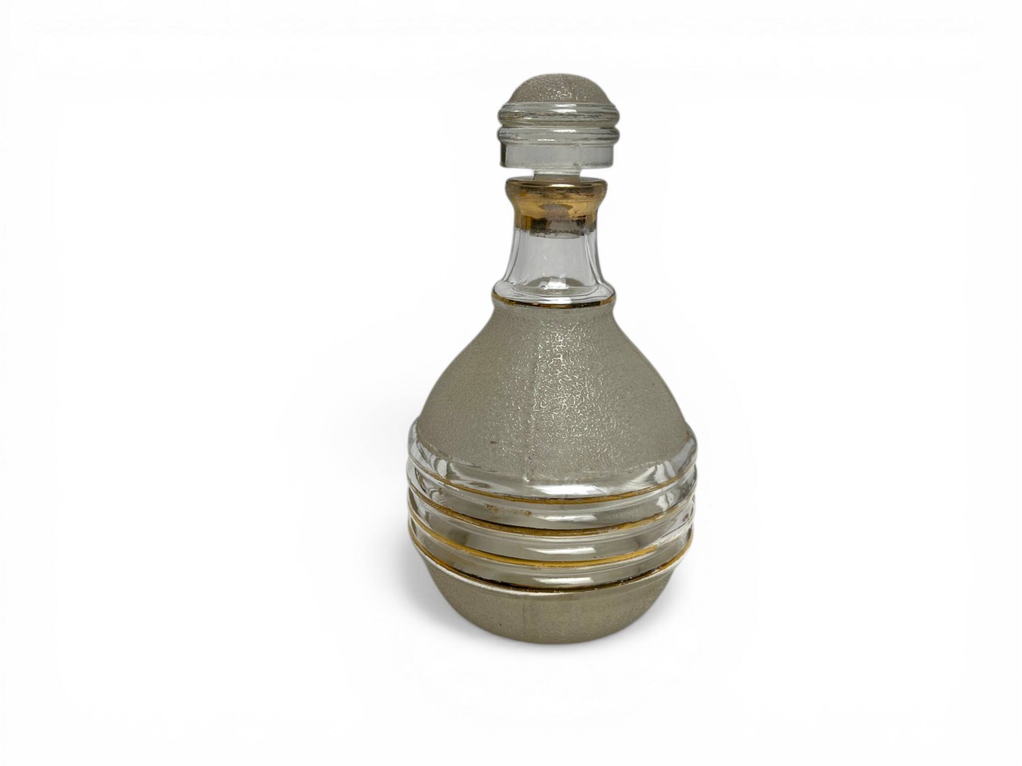 Art Deco, frosted glass liqueur bottle with gold trim circa 1940.