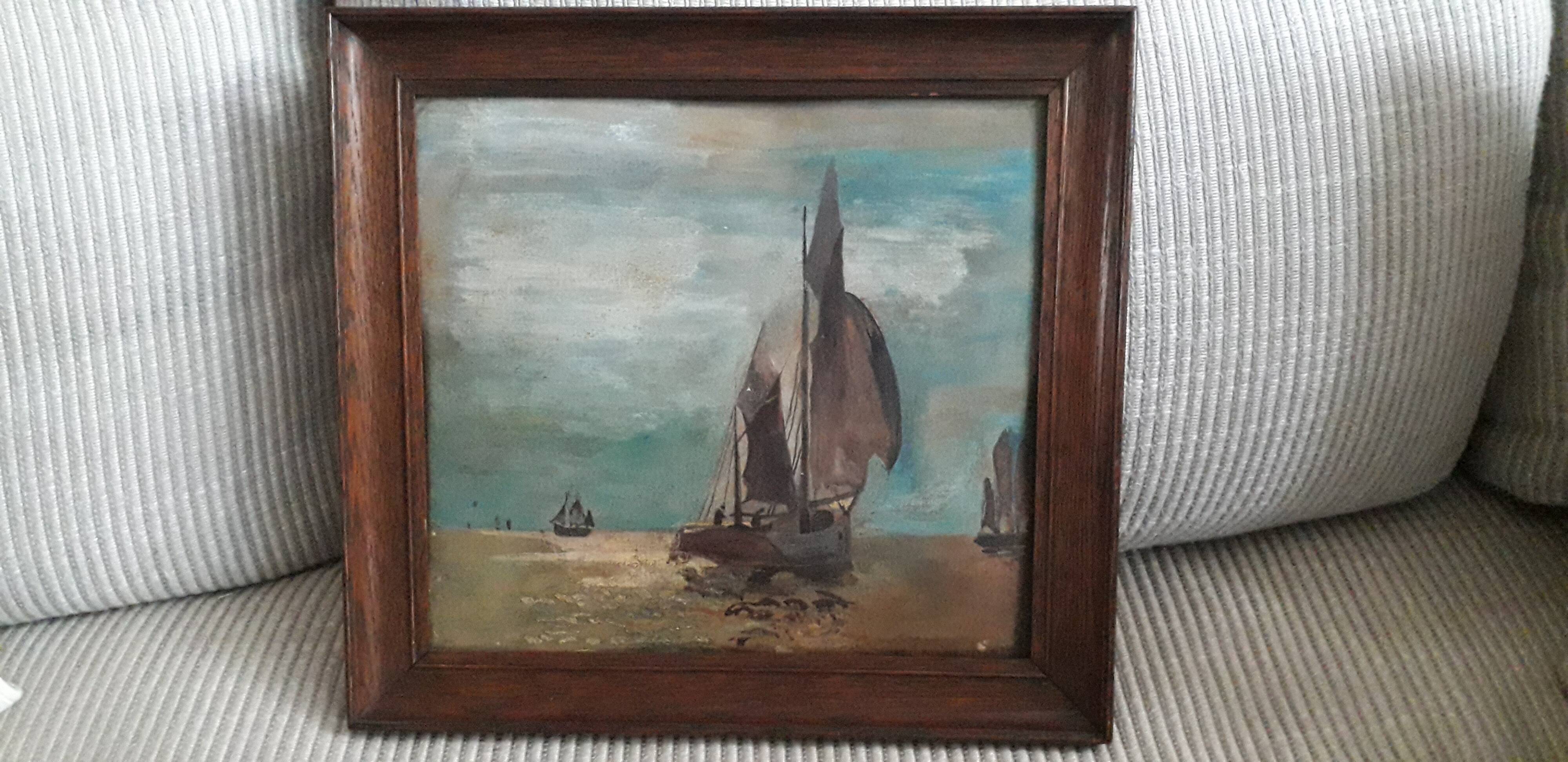 Old oil painting depicting a marine scene